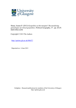 (2013) Geopolitics at the Margins? Reconsidering Genealogies of Critical Geopolitics