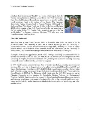 Jonathan Haidt Extended Biography