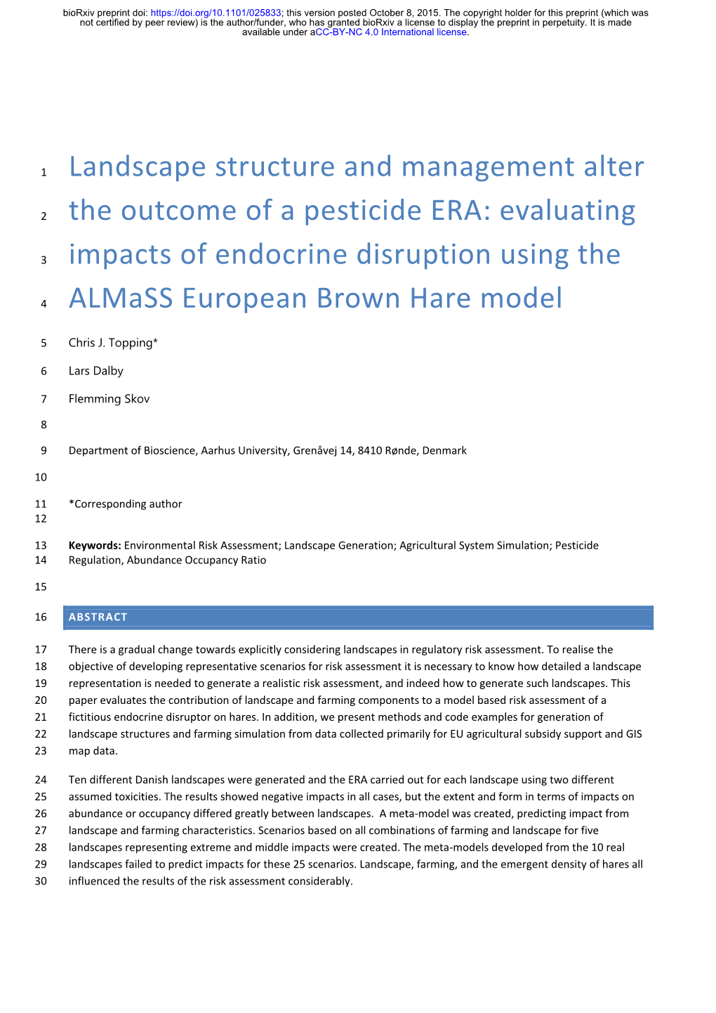 Landscape Structure and Management Alter the Outcome of a Pesticide ERA: Evaluating an Endocrine Disruptor Using the Almass European Brown Hare Model