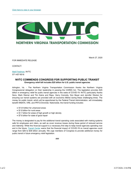 NVTC COMMENDS CONGRESS for SUPPORTING PUBLIC TRANSIT Emergency Relief Bill Includes $25 Billion for U.S