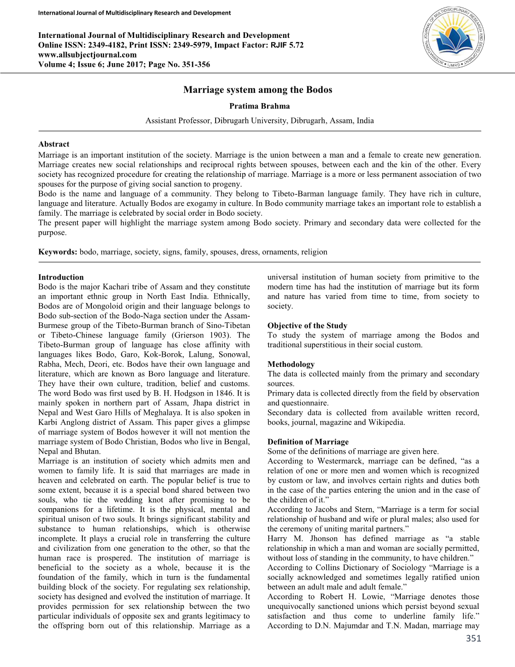 351 Marriage System Among the Bodos