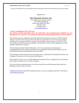 PSA Financial Advisors, Inc. SEC Registered Investment Adviser 11311 Mccormick Road Hunt Valley MD 21031-8622 (410) 821-7766 (410) 828-0242