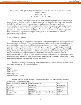 Integration of High-Tc Superconductors Into the Fusion Magnet Program Joel H