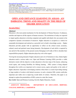 Open and Distance Learning in Assam- an Emerging Trend and Reality in the Field of Higher Education