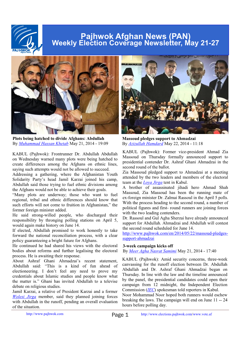 Pajhwok Afghan News (PAN) Weekly Election Coverage Newsletter, May 21-27