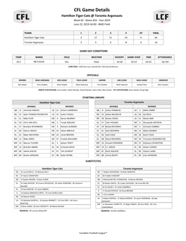 CFL Game Details Hamilton Tiger-Cats @ Toronto Argonauts Week #2 - Game #16 - Year 2019 June 22, 2019-16:00 - BMO Field