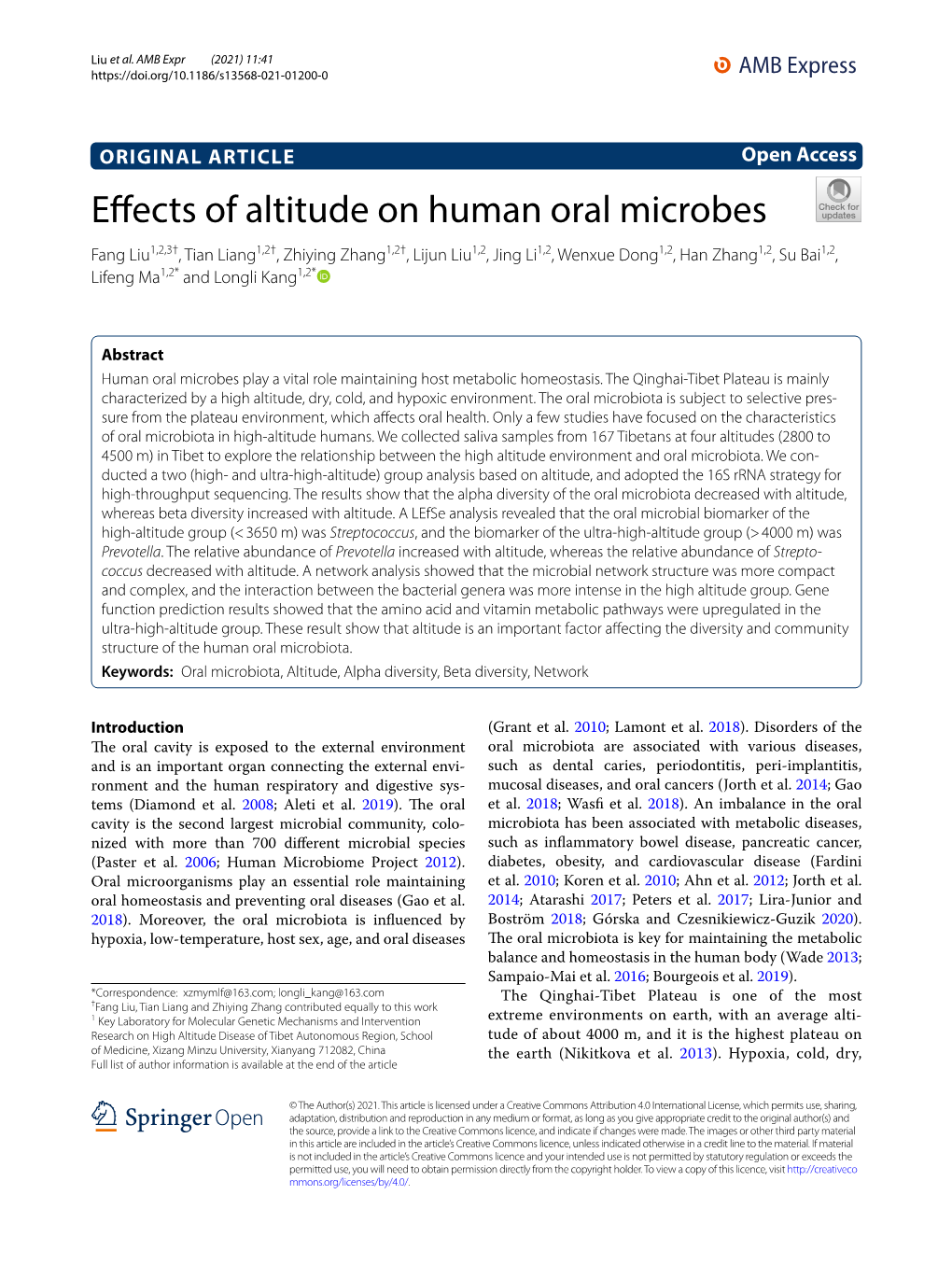 Effects of Altitude on Human Oral Microbes
