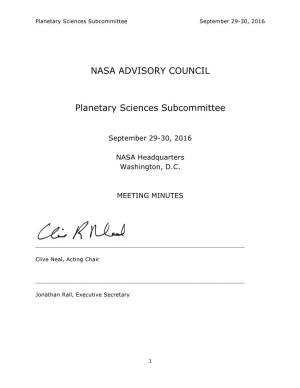 NASA ADVISORY COUNCIL Planetary Sciences Subcommittee