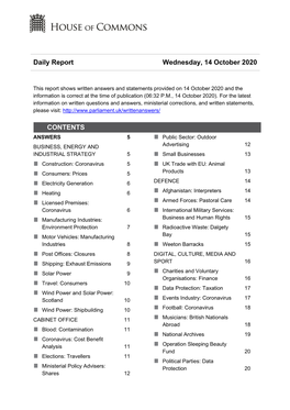 Daily Report Wednesday, 14 October 2020 CONTENTS