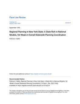 Regional Planning in New York State: a State Rich in National Models, Yet Weak in Overall Statewide Planning Coordination