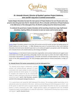 Dr. Amanda Vincent, Director of Guylian's Partner Project Seahorse, Wins World's Top Prize in Animal Conservation