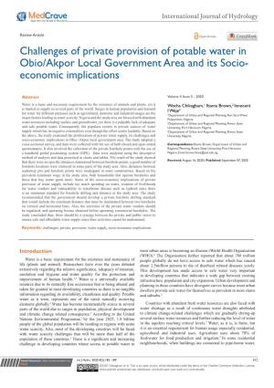 Challenges of Private Provision of Potable Water in Obio/Akpor Local Government Area and Its Socio- Economic Implications
