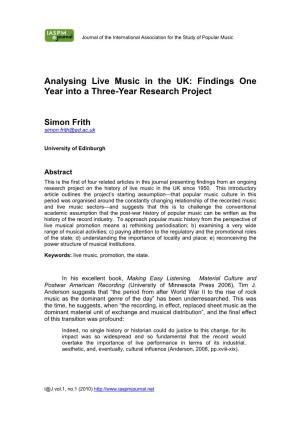 Analysing Live Music in the UK: Findings One Year Into a Three-Year Research Project
