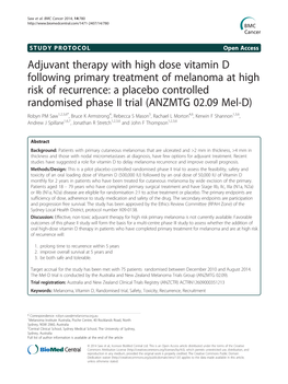 Adjuvant Therapy with High Dose Vitamin D Following Primary Treatment of Melanoma at High Risk of Recurrence