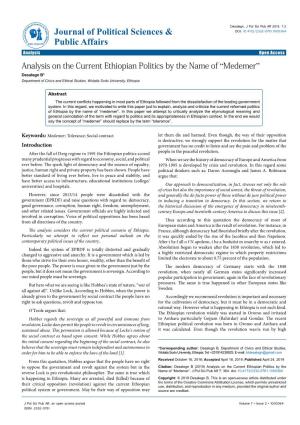 Analysis on the Current Ethiopian Politics by the Name of “Medemer” Desalegn B* Department of Civics and Ethical Studies, Wolaita Sodo University, Ethiopia