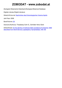 On the Identity of Cethosia Biblis Sandakana Fruhstorfer 1899 Described from North Borneo (Lepidoptera: Nymphalidae) 189-192 Nachr