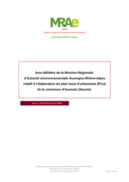 Avis Délibéré De La Mission Régionale D'autorité Environnementale Auvergne-Rhône-Alpes Relatif À L'élaboration Du Pl