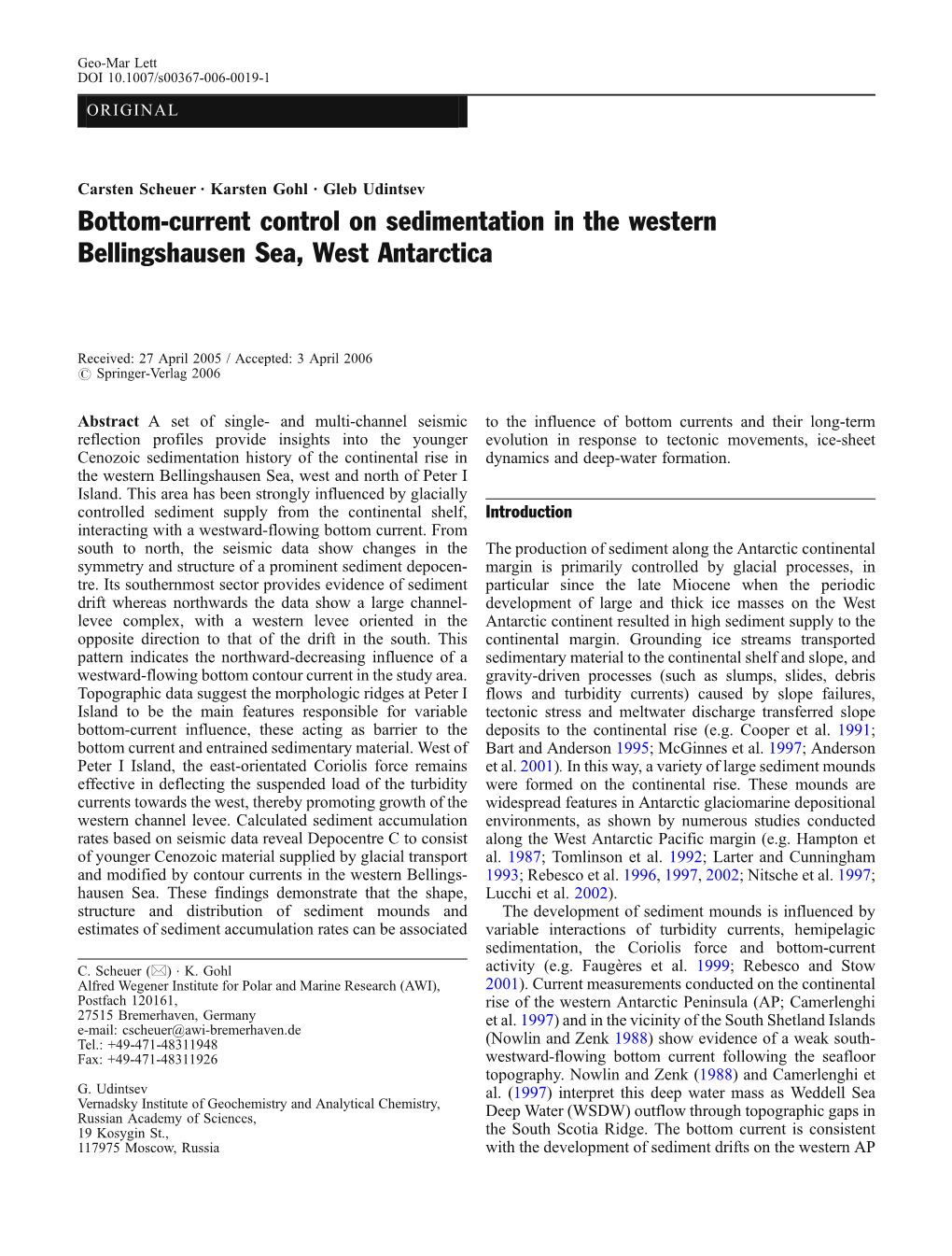 Bottom-Current Control on Sedimentation in the Western Bellingshausen Sea, West Antarctica