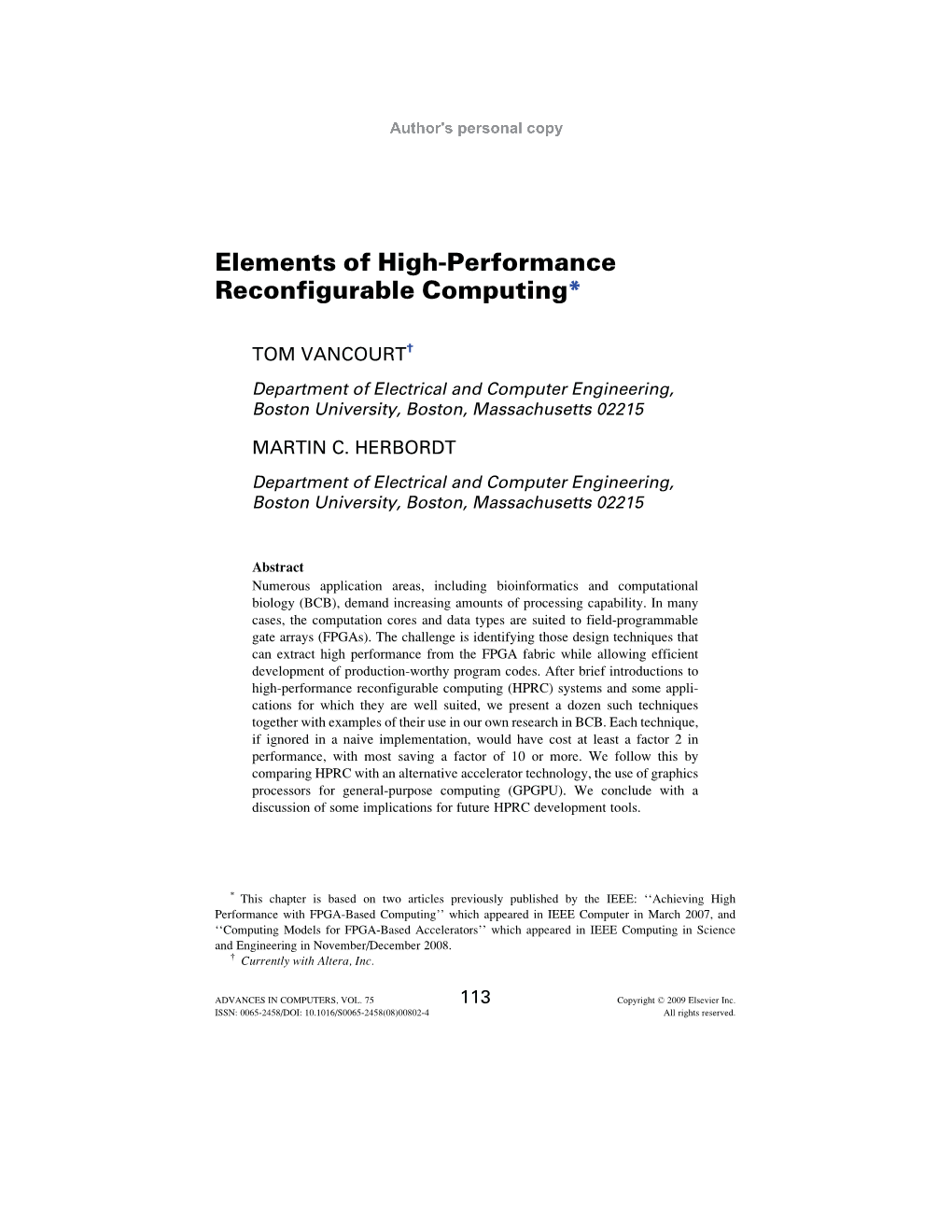 Elements of High-Performance Reconfigurable Computing*