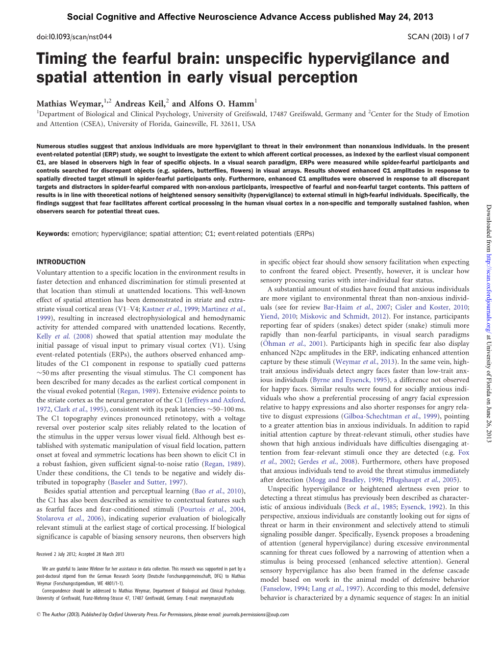 Unspecific Hypervigilance and Spatial Attention in Early Visual Perception