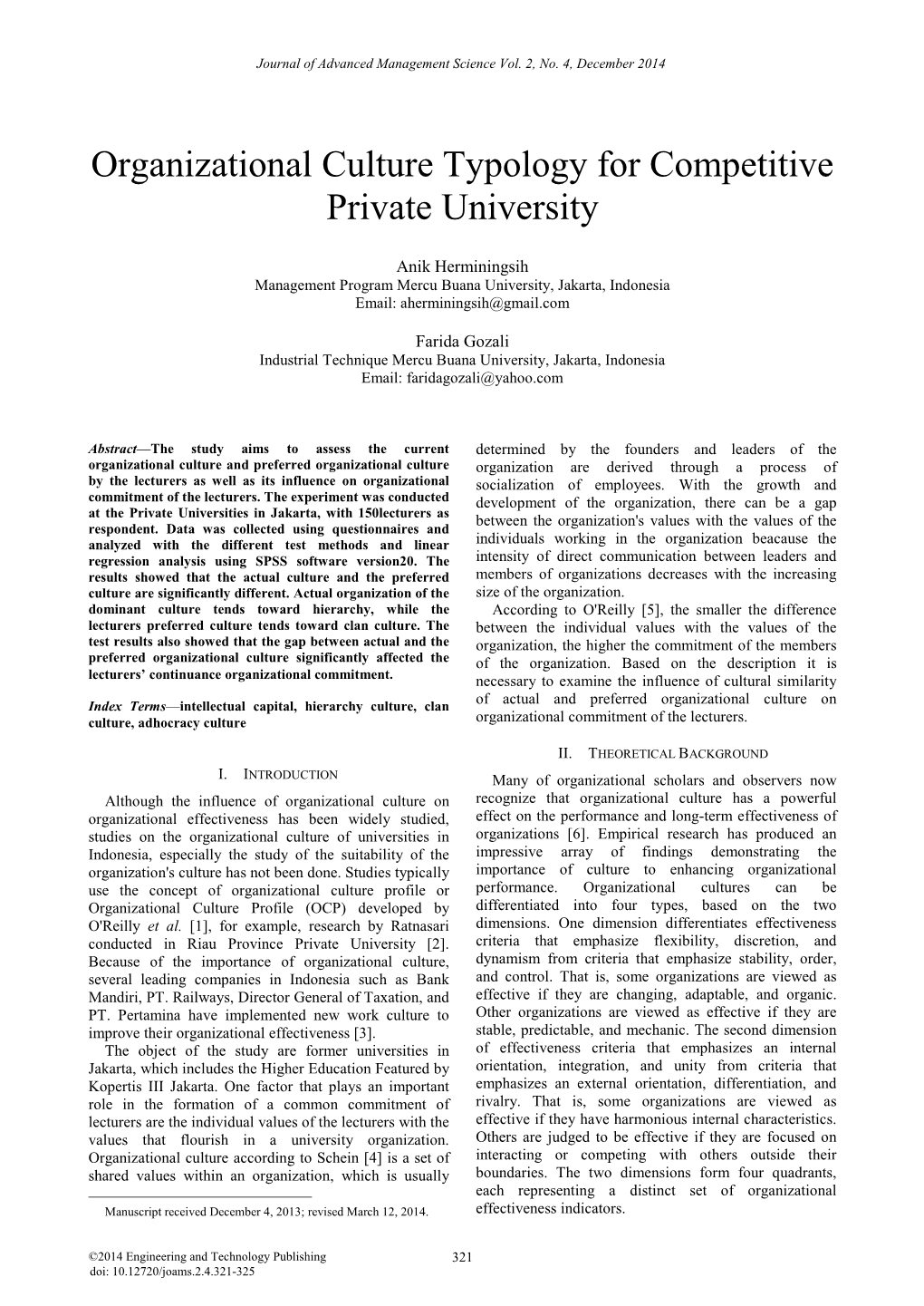 Organizational Culture Typology for Competitive Private University