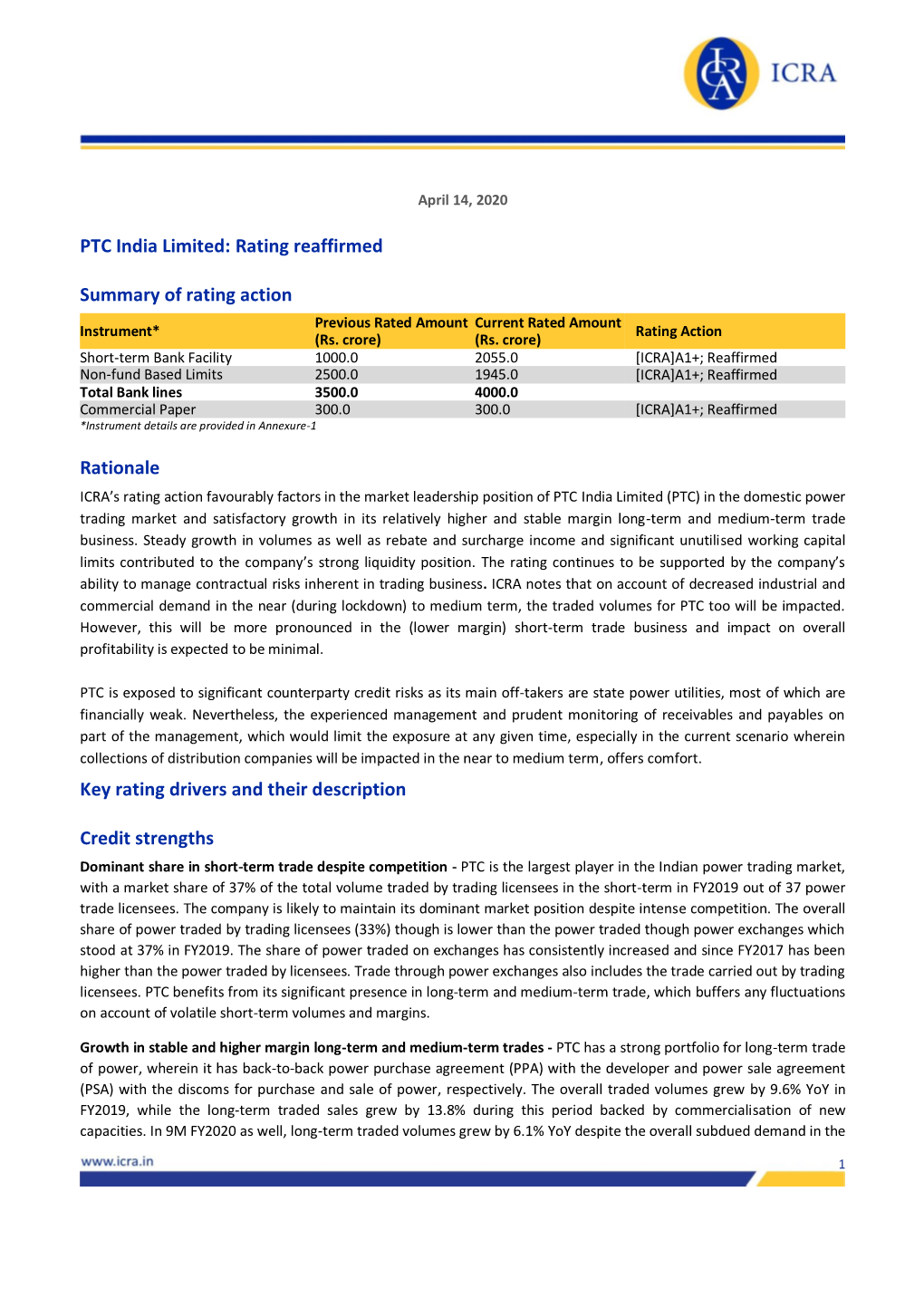 PTC India Limited: Rating Reaffirmed Summary of Rating Action Rationale