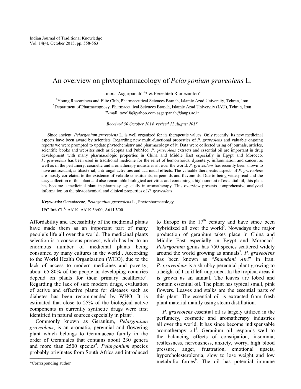 An Overview on Phytopharmacology of Pelargonium Graveolens L