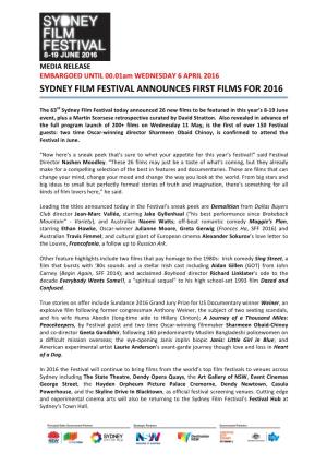 Sydney Film Festival Announces First Films for 2016 06/04/2016