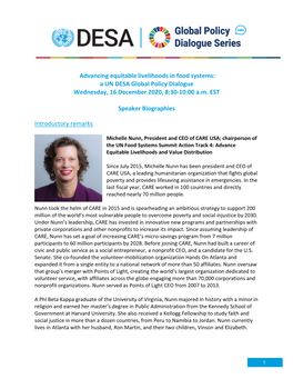 Advancing Equitable Livelihoods in Food Systems: a UN DESA Global Policy Dialogue Wednesday, 16 December 2020, 8:30-10:00 A.M. EST