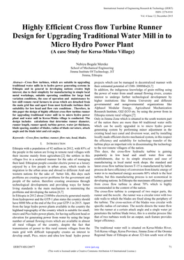 Highly Efficient Cross Flow Turbine Runner Design for Upgrading Traditional Water Mill in to Micro Hydro Power Plant (A Case Study for Kersa-Minko Village)