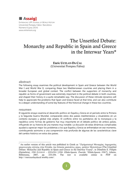 The Unsettled Debate: Monarchy and Republic in Spain and Greece in the Interwar Years*