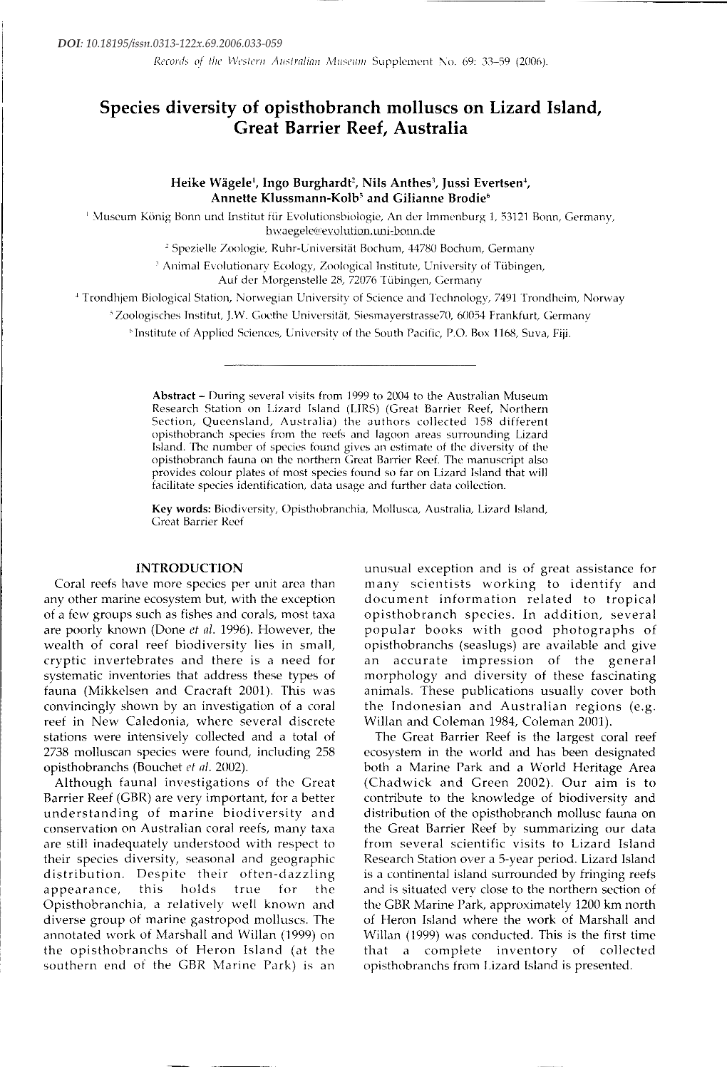 Species Diversity of Opisthobranch Molluscs on Lizard Island, Great Barrier Reef, Australia