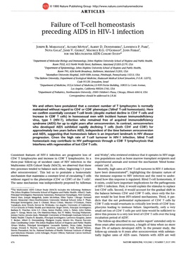 Failure Oft-Cell Homeostasis Preceding AIDS in HIV-1 Infection