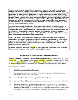 This Is an Association of National Advertisers Template Agreement for Use in Connection with Media Buying Agencies