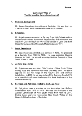 Curriculum Vitae of the Honourable James Spigelman AC 1. Personal