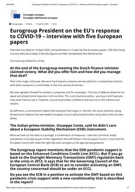 Eurogroup President on the EU's Response to COVID-19 – Interview with Five European Papers - Consilium