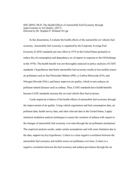 SHI, QING, Ph.D. the Health Effects of Automobile Fuel Economy Through Improvements in Air Quality