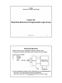 Lecture 23. Read-Only Memories & Programmable Logic Arrays