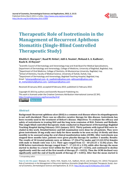 Therapeutic Role of Isotretinoin in the Management of Recurrent Aphthous Stomatitis (Single-Blind Controlled Therapeutic Study)