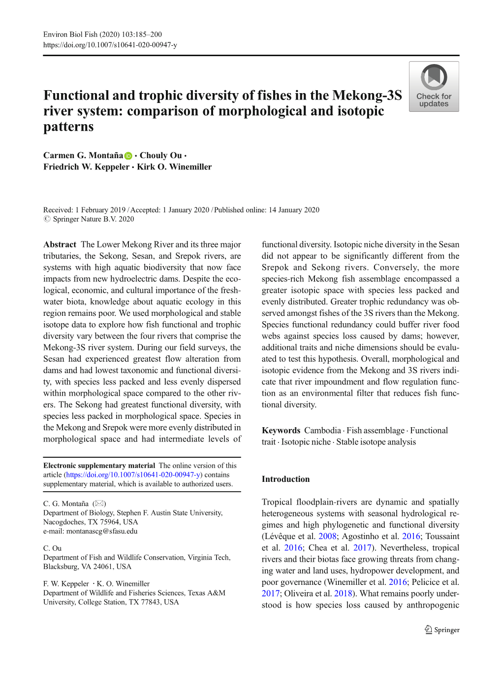 Functional and Trophic Diversity of Fishes in the Mekong-3S River System: Comparison of Morphological and Isotopic Patterns