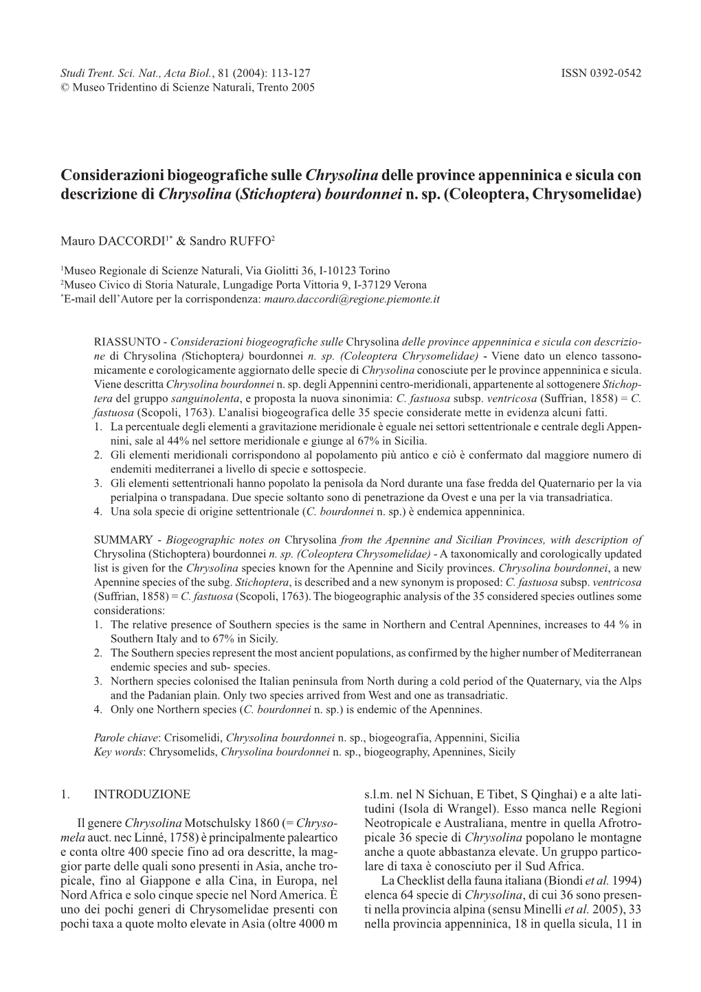 Considerazioni Biogeografiche Sulle Chrysolinadelle Province Appenninica E Sicula Con Descrizione Di Chrysolina