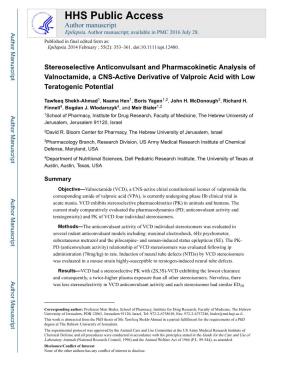 Stereoselective Anticonvulsant and Pharmacokinetic Analysis of Valnoctamide, a CNS-Active Derivative of Valproic Acid with Low Teratogenic Potential