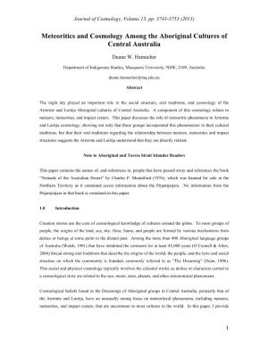 Meteoritics and Cosmology Among the Aboriginal Cultures of Central Australia