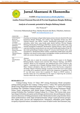 Analisa Potensi Ekonomi Daerah Di Provinsi Kepulauan Bangka Belitung Analysis of Economic Potential in Bangka Belitung Islands