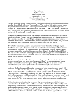 Ray Anderson Raybone Music 18 Washington Street Setauket, NY 11733 E-Mail: Ray@Rayanderson.Org
