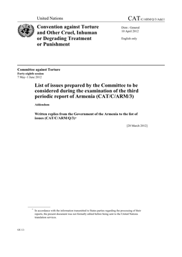 List of Issues Prepared by the Committee to Be Considered During the Examination of the Third Periodic Report of Armenia (CAT/C/ARM/3)