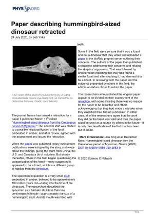 Paper Describing Hummingbird-Sized Dinosaur Retracted 24 July 2020, by Bob Yirka