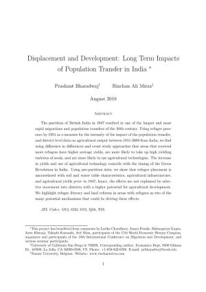Displacement and Development: Long Term Impacts of Population Transfer in India ∗