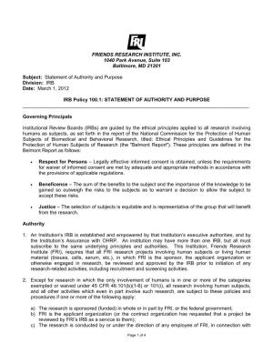 Statement of Authority and Purpose Division: IRB Date: March 1, 2012