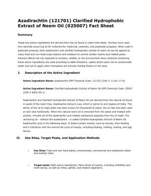 Azadirachtin (121701) Clarified Hydrophobic Extract of Neem Oil (025007) Fact Sheet